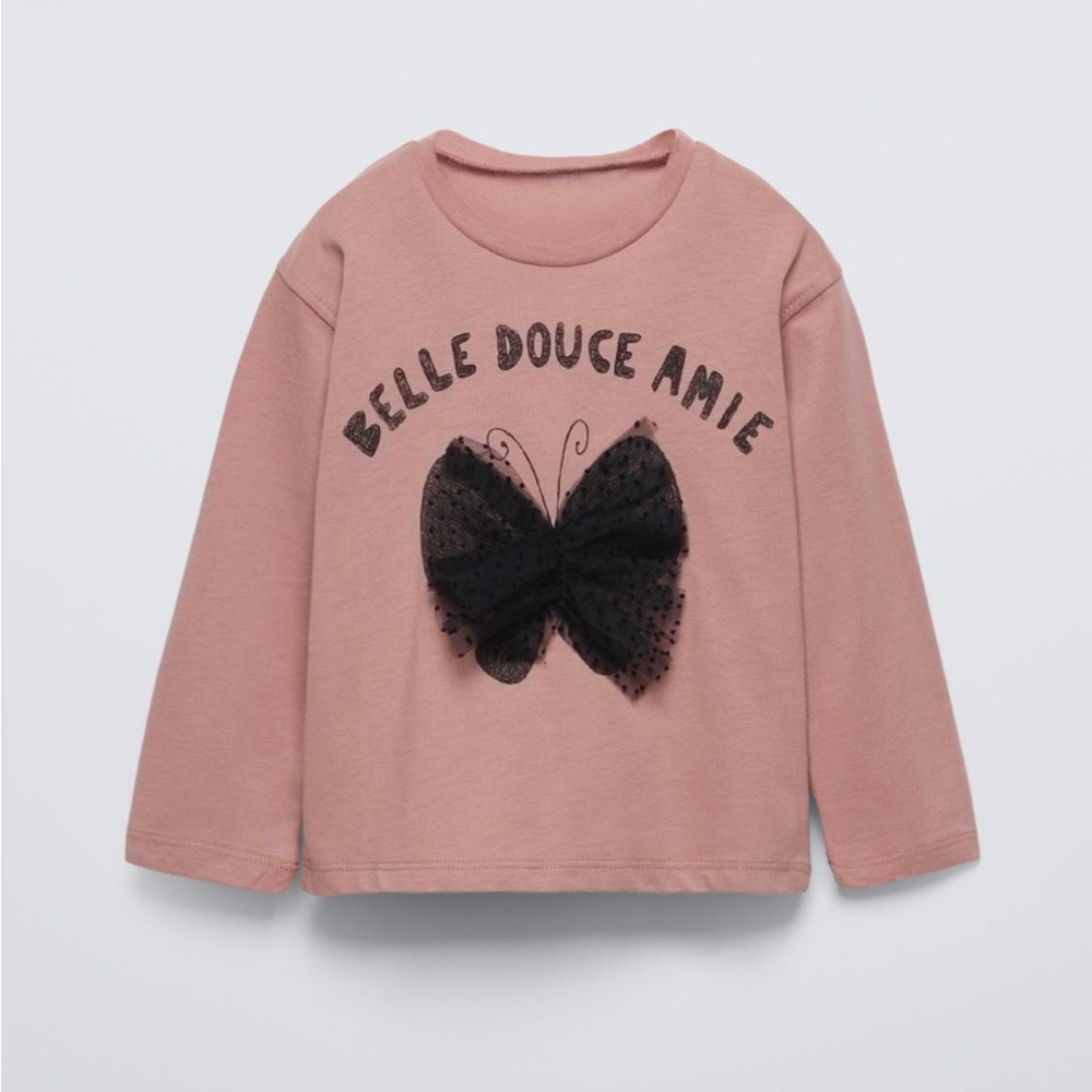 Zara Toddler Girls Long Sleeve Dotted Mesh Butterfly Appliqué Shirt Size 3